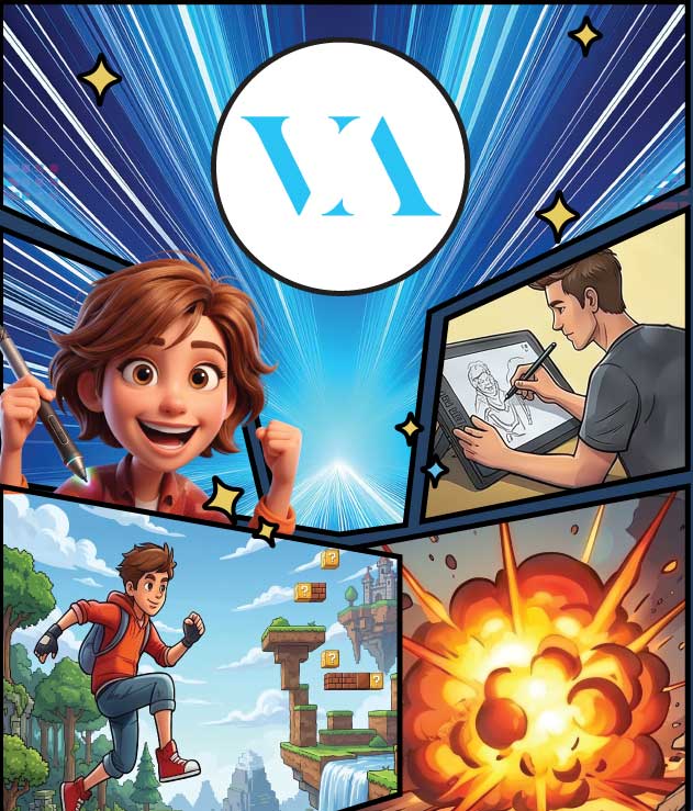 Una imagen digital con múltiples personajes trabajando en animación, efectos visuales y diseños de videojuegos. Una imagen digital con múltiples personajes trabajando en animación, efectos visuales y diseños de videojuegos.